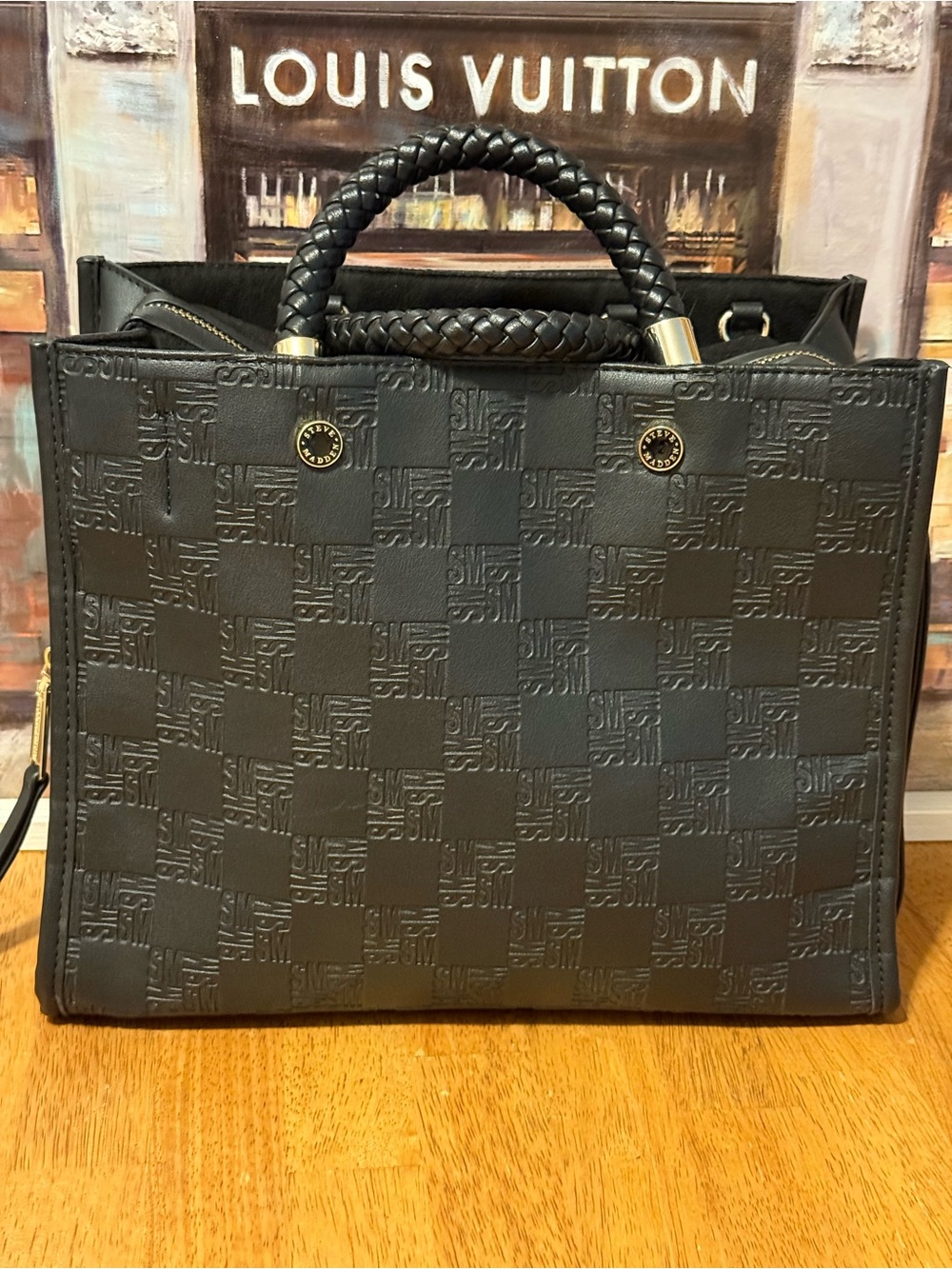 Steve Madden Black Faux Leather Zip-Top Handbag with Gold Hardware